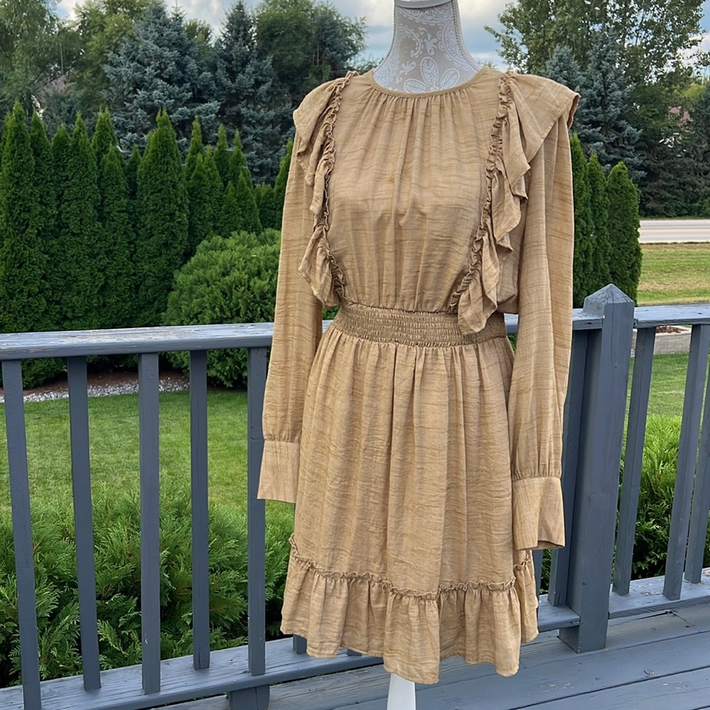 Doe & Rae Tan Dress with Ruffles Sz M